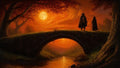 GRID THUMBNAIL — Two cloaked figures stand on an old stone arch bridge over a reflective river beneath an orange sky with a glowing full moon.