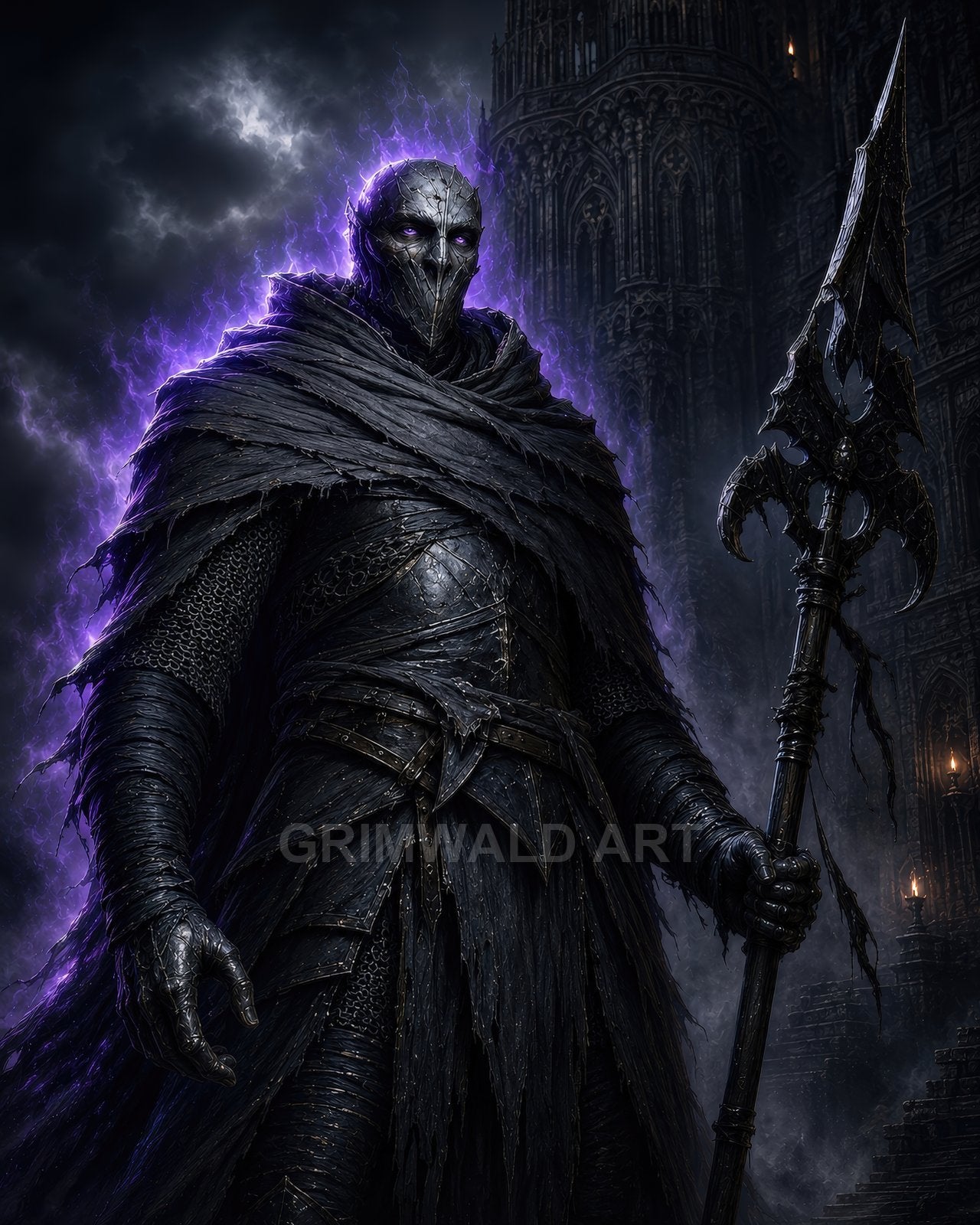 A towering armoured knight with metal mask and glowing purple eyes grips a barbed spear, wreathed in violet energy before a gothic cathedral at night.