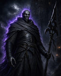 GRID THUMBNAIL — A towering armoured knight with metal mask and glowing purple eyes grips a barbed spear, wreathed in violet energy before a gothic cathedral at night.