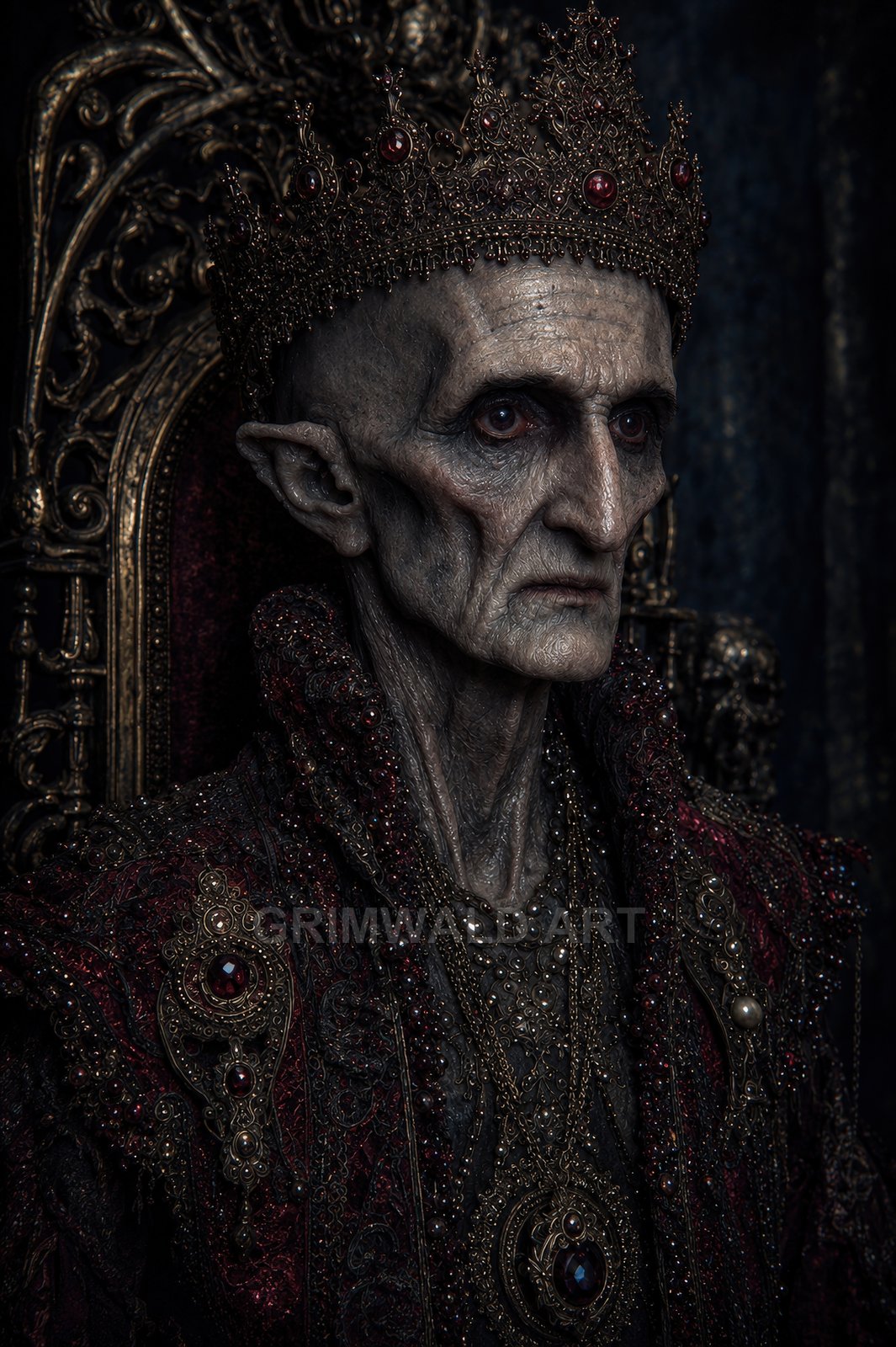 Eerie undead king with jewelled crown and ornate robes sits on a gilded throne, pallid skin and crimson accents in dark gothic lighting.