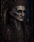 GRID THUMBNAIL — Eerie undead king with jewelled crown and ornate robes sits on a gilded throne, pallid skin and crimson accents in dark gothic lighting.