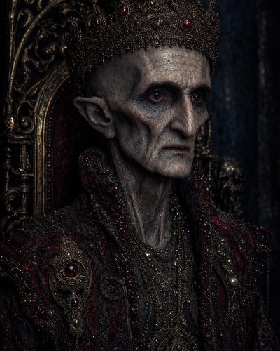 GRID THUMBNAIL — Eerie undead king with jewelled crown and ornate robes sits on a gilded throne, pallid skin and crimson accents in dark gothic lighting.