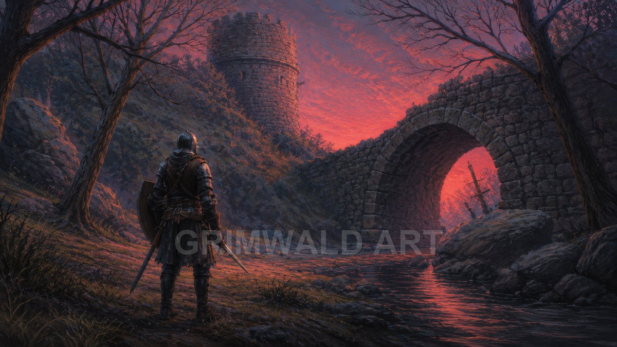 An armoured figure stands by a river beneath an ancient stone arch bridge at red sunset, with a round watchtower and bare trees beyond.