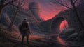 GRID THUMBNAIL — An armoured figure stands by a river beneath an ancient stone arch bridge at red sunset, with a round watchtower and bare trees beyond.