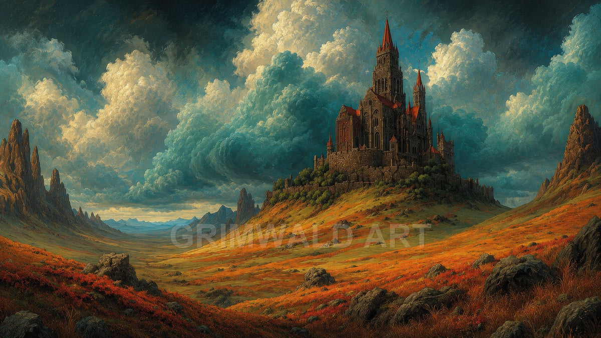 Grand gothic castle crowns a hill in a wide autumnal valley, flanked by jagged mountains and dramatic teal storm clouds at golden-hour light.