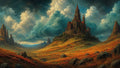 GRID THUMBNAIL — Grand gothic castle crowns a hill in a wide autumnal valley, flanked by jagged mountains and dramatic teal storm clouds at golden-hour light.