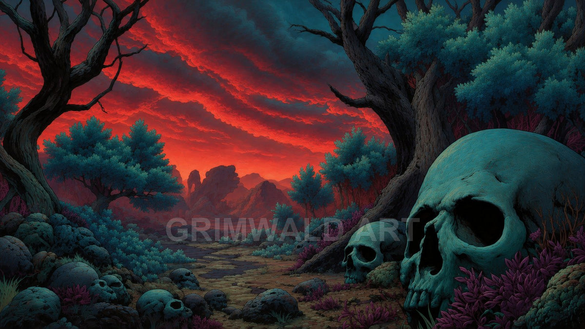 Crimson sunset over a fantasy valley with twisted trees, teal foliage, and scattered giant skulls beside a winding rocky path.