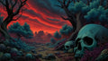 GRID THUMBNAIL — Crimson sunset over a fantasy valley with twisted trees, teal foliage, and scattered giant skulls beside a winding rocky path.