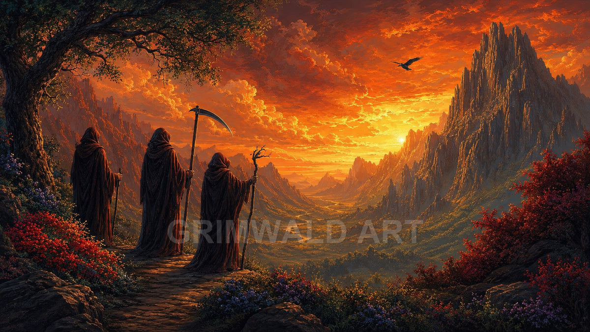 Fiery sunset over jagged mountains and a winding valley, with three hooded figures under a tree, one carrying a scythe, overlooking the scene.