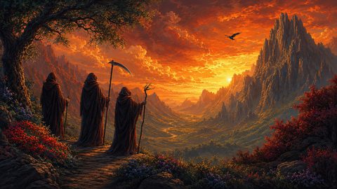 GRID THUMBNAIL — Fiery sunset over jagged mountains and a winding valley, with three hooded figures under a tree, one carrying a scythe, overlooking the scene.