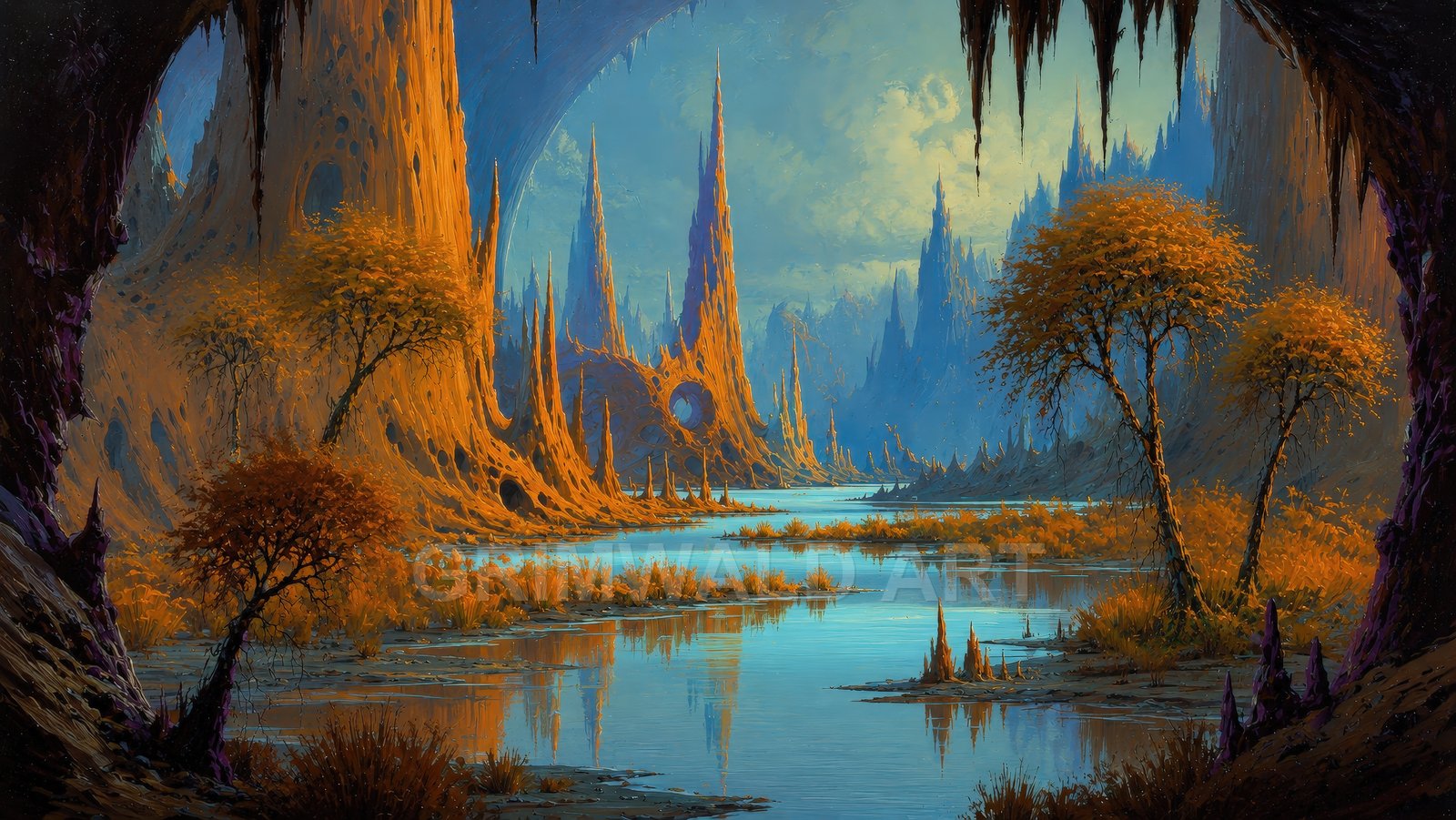 River winding through orange honeycombed rock spires, framed by a cave arch and autumn trees, under blue sky with golden-hour light reflected in water.