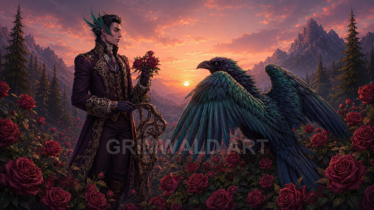 An ornately dressed figure offers roses to a giant iridescent bird amid red rose bushes, conifer forests and mountains glowing under a vivid sunset.