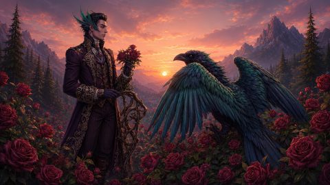 GRID THUMBNAIL — An ornately dressed figure offers roses to a giant iridescent bird amid red rose bushes, conifer forests and mountains glowing under a vivid sunset.