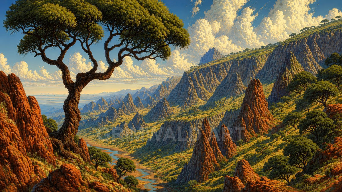 Sweeping fantasy valley with jagged mountains, winding river, and sculpted trees under dramatic golden-hour clouds and blue sky, viewed from a rocky slope.