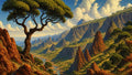 GRID THUMBNAIL — Sweeping fantasy valley with jagged mountains, winding river, and sculpted trees under dramatic golden-hour clouds and blue sky, viewed from a rocky slope.