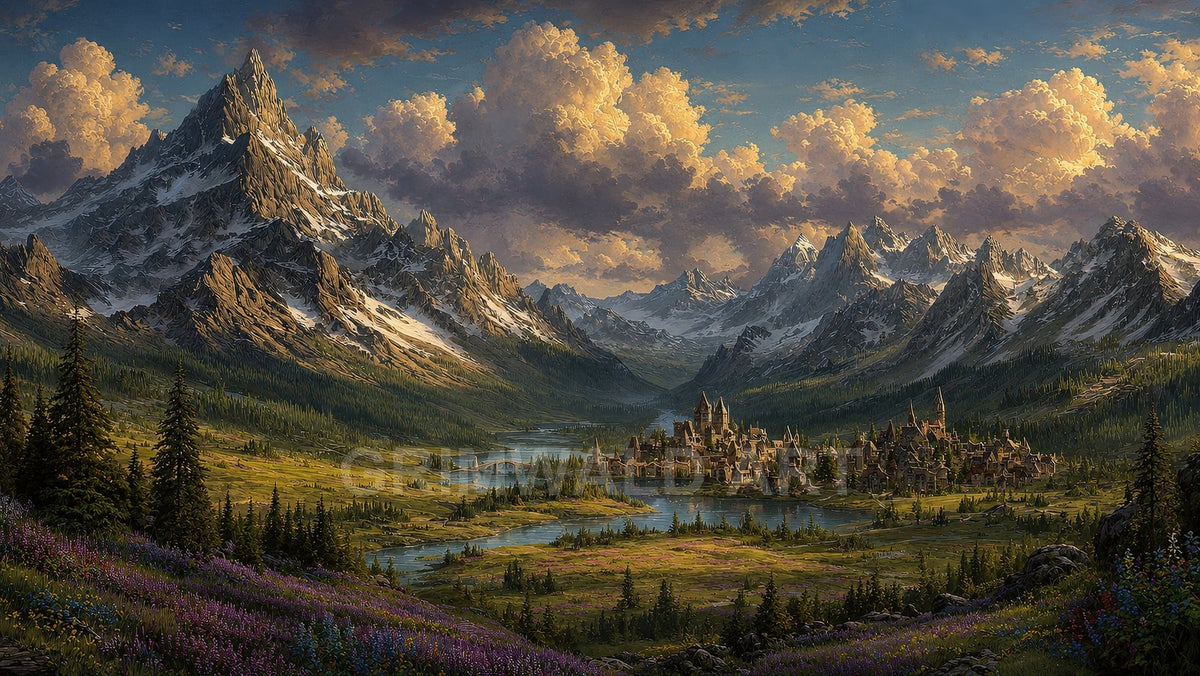 Expansive fantasy landscape of jagged snow-capped mountains surrounding a valley with lakes, pine forests, a stone bridge, and a spired medieval town at golden hour.
