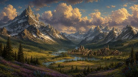 GRID THUMBNAIL — Expansive fantasy landscape of jagged snow-capped mountains surrounding a valley with lakes, pine forests, a stone bridge, and a spired medieval town at golden hour.