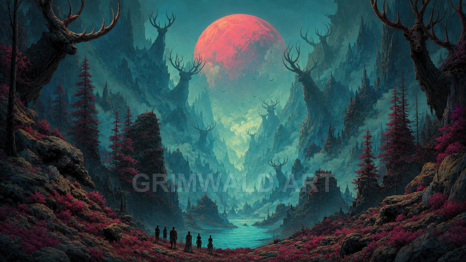 Teal mountain valley with a serene lake, colossal red moon overhead, stag-shaped rock formations, crimson conifers, and tiny travellers gathered at the shore.