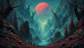 GRID THUMBNAIL — Teal mountain valley with a serene lake, colossal red moon overhead, stag-shaped rock formations, crimson conifers, and tiny travellers gathered at the shore.