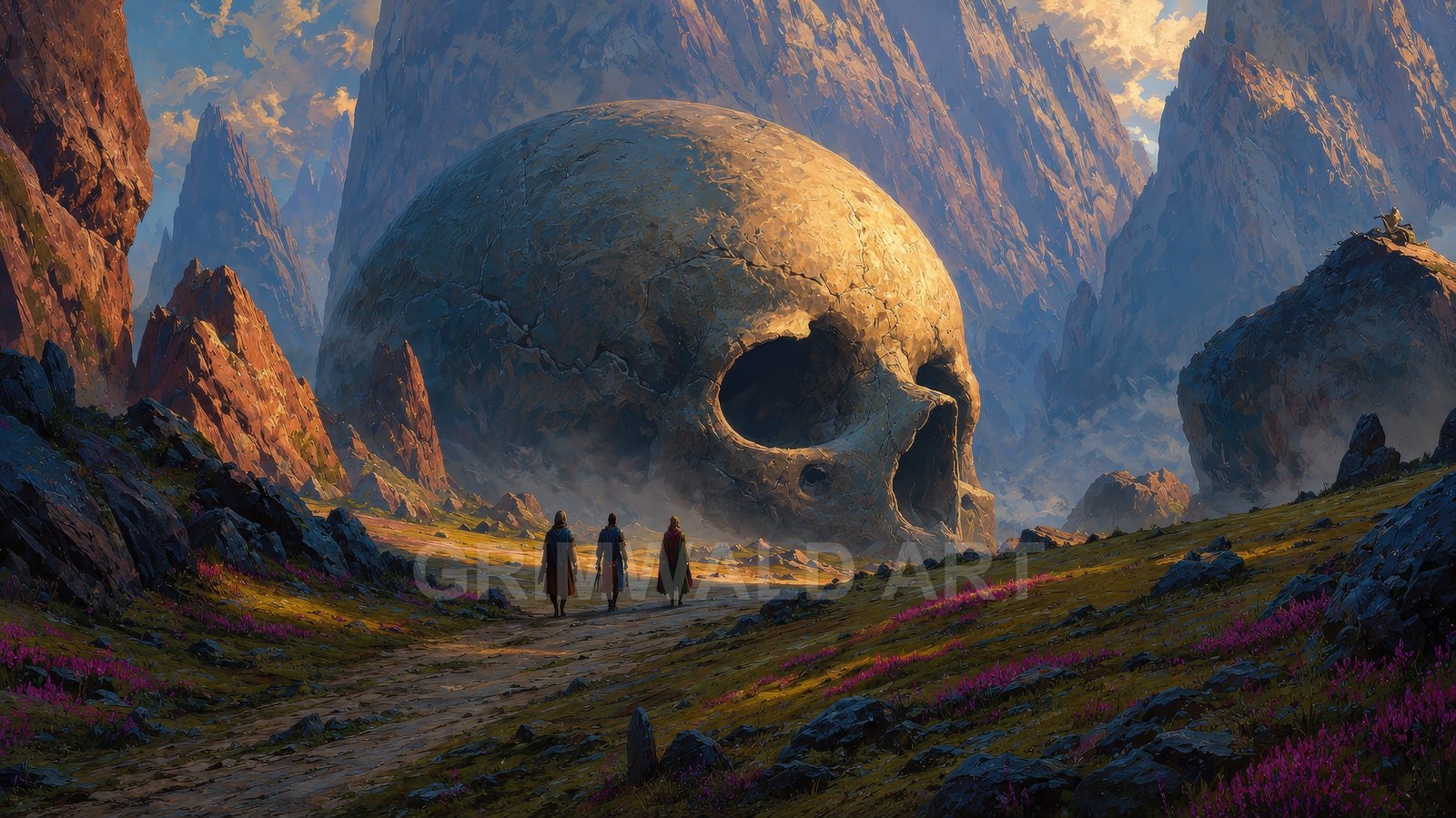 A vast mountain valley featuring a colossal cracked stone skull, three cloaked travellers on a winding path, golden-hour light and pink wildflowers.