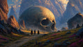 GRID THUMBNAIL — A vast mountain valley featuring a colossal cracked stone skull, three cloaked travellers on a winding path, golden-hour light and pink wildflowers.