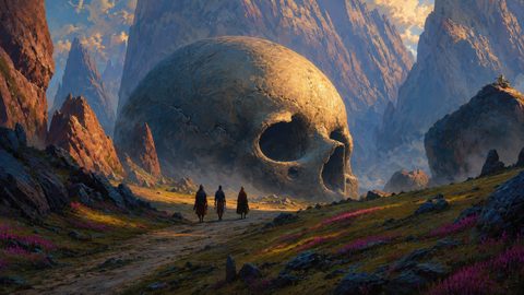 GRID THUMBNAIL — A vast mountain valley featuring a colossal cracked stone skull, three cloaked travellers on a winding path, golden-hour light and pink wildflowers.