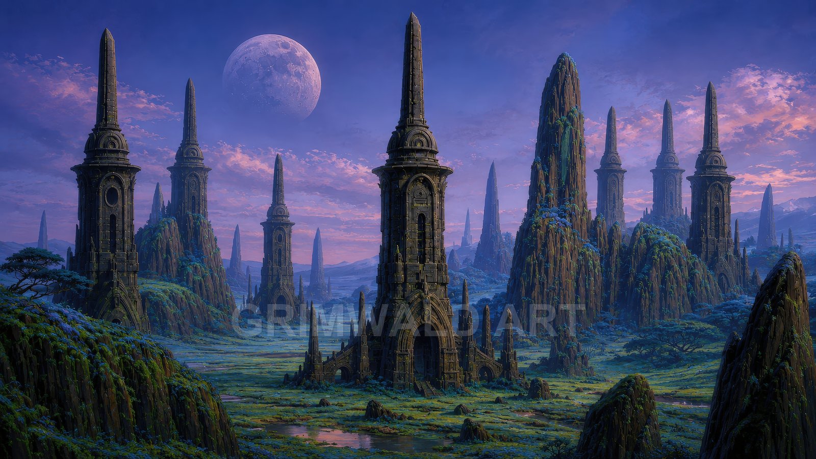 Ancient stone spire towers rise across a verdant valley beneath a vast moon and purple twilight sky, with rocky outcrops and pools.
