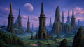 GRID THUMBNAIL — Ancient stone spire towers rise across a verdant valley beneath a vast moon and purple twilight sky, with rocky outcrops and pools.