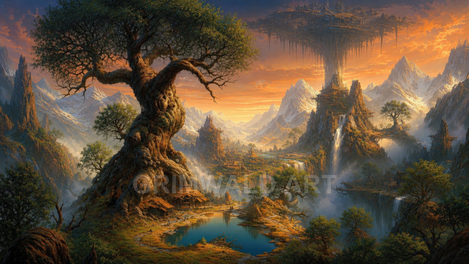 Epic fantasy valley with a colossal gnarled tree, floating sky city, cliffside temples, waterfalls, misty mountains, and a reflective turquoise pond at sunset.