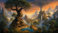 GRID THUMBNAIL — Epic fantasy valley with a colossal gnarled tree, floating sky city, cliffside temples, waterfalls, misty mountains, and a reflective turquoise pond at sunset.