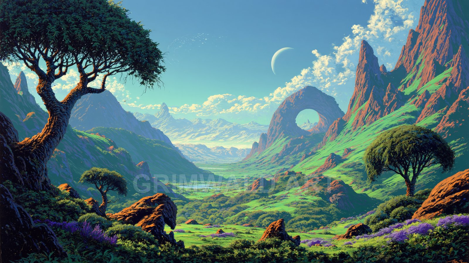 Lush green valley with ring-shaped mountain arch, gnarled trees, purple wildflowers, distant snowy peaks and a crescent moon beneath a bright blue daytime sky.