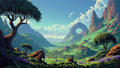 GRID THUMBNAIL — Lush green valley with ring-shaped mountain arch, gnarled trees, purple wildflowers, distant snowy peaks and a crescent moon beneath a bright blue daytime sky.