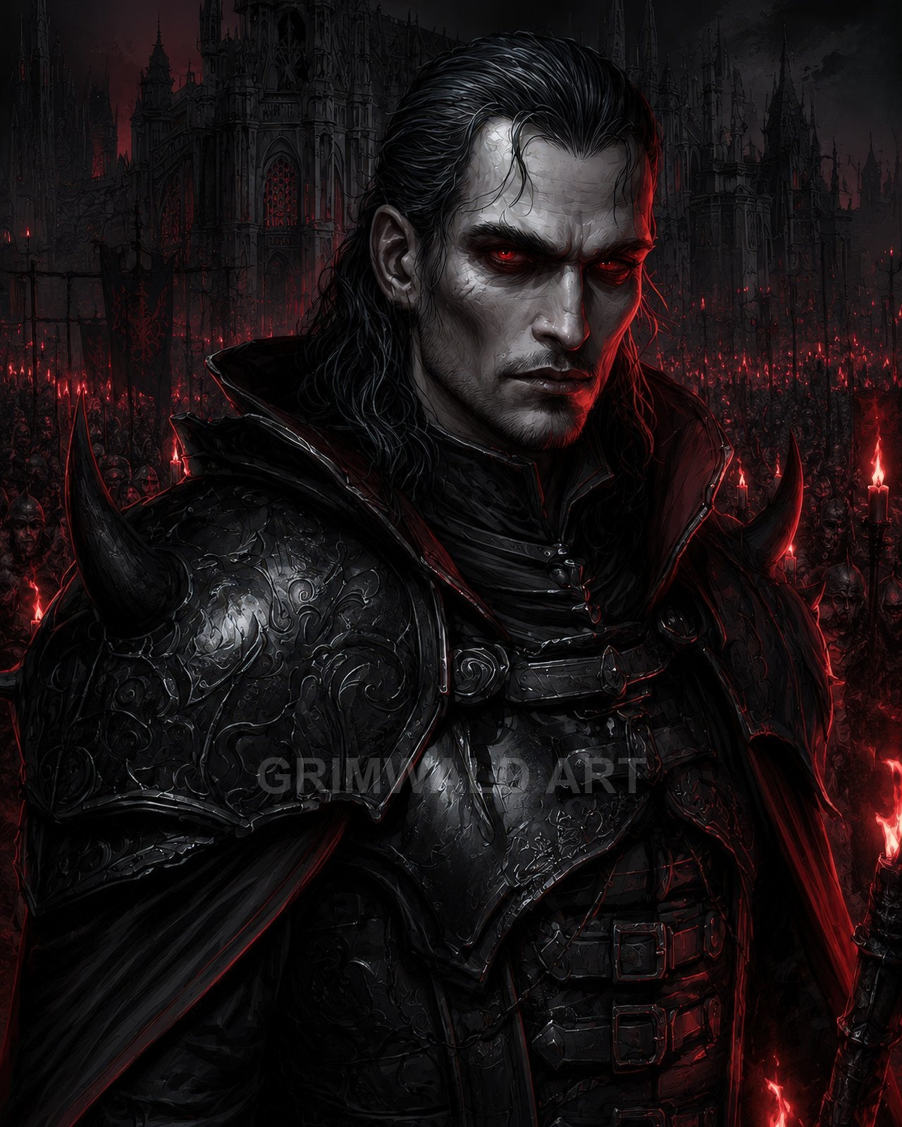 Portrait of a pale vampire knight in ornate black armour with glowing red eyes, before a gothic cathedral and torchlit army at night.