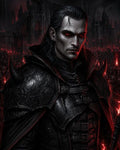 GRID THUMBNAIL — Portrait of a pale vampire knight in ornate black armour with glowing red eyes, before a gothic cathedral and torchlit army at night.