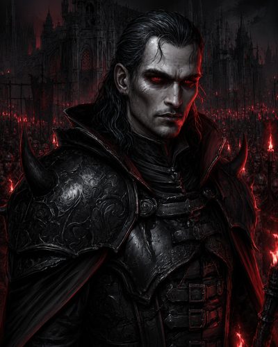 GRID THUMBNAIL — Portrait of a pale vampire knight in ornate black armour with glowing red eyes, before a gothic cathedral and torchlit army at night.