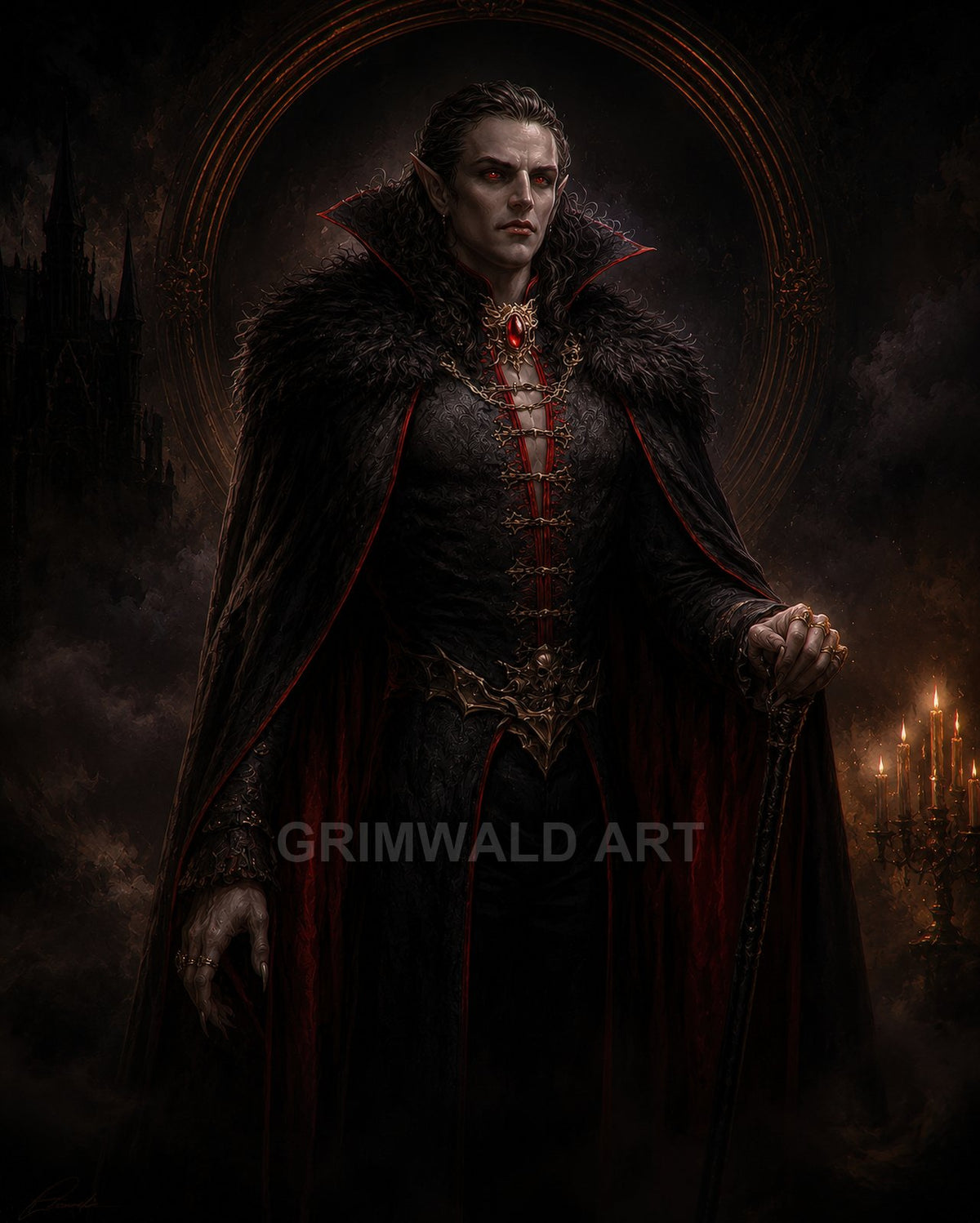 A male vampire noble with red eyes and black furred cloak stands in a candlelit castle interior, clutching a cane, ominous and regal.