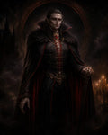 GRID THUMBNAIL — A male vampire noble with red eyes and black furred cloak stands in a candlelit castle interior, clutching a cane, ominous and regal.