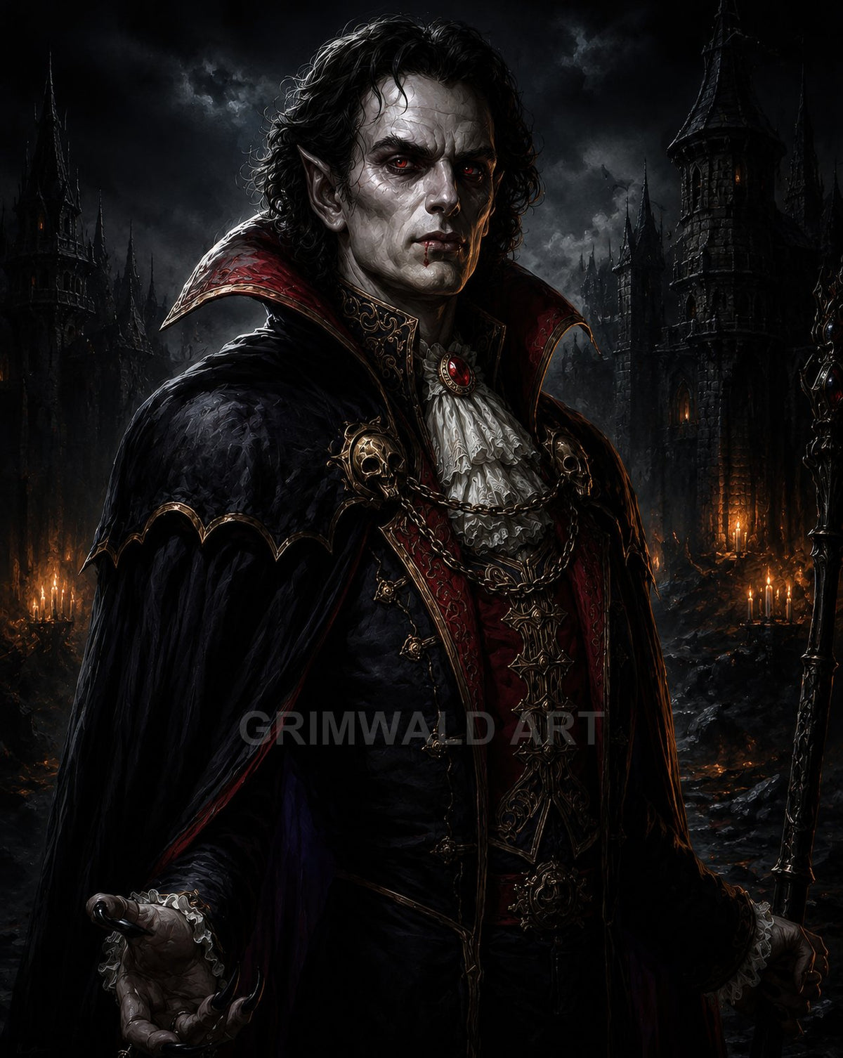 A pale male vampire noble with red eyes and fangs stands before a gothic castle at night, wearing an ornate cloak and holding a staff.