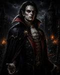GRID THUMBNAIL — A pale male vampire noble with red eyes and fangs stands before a gothic castle at night, wearing an ornate cloak and holding a staff.