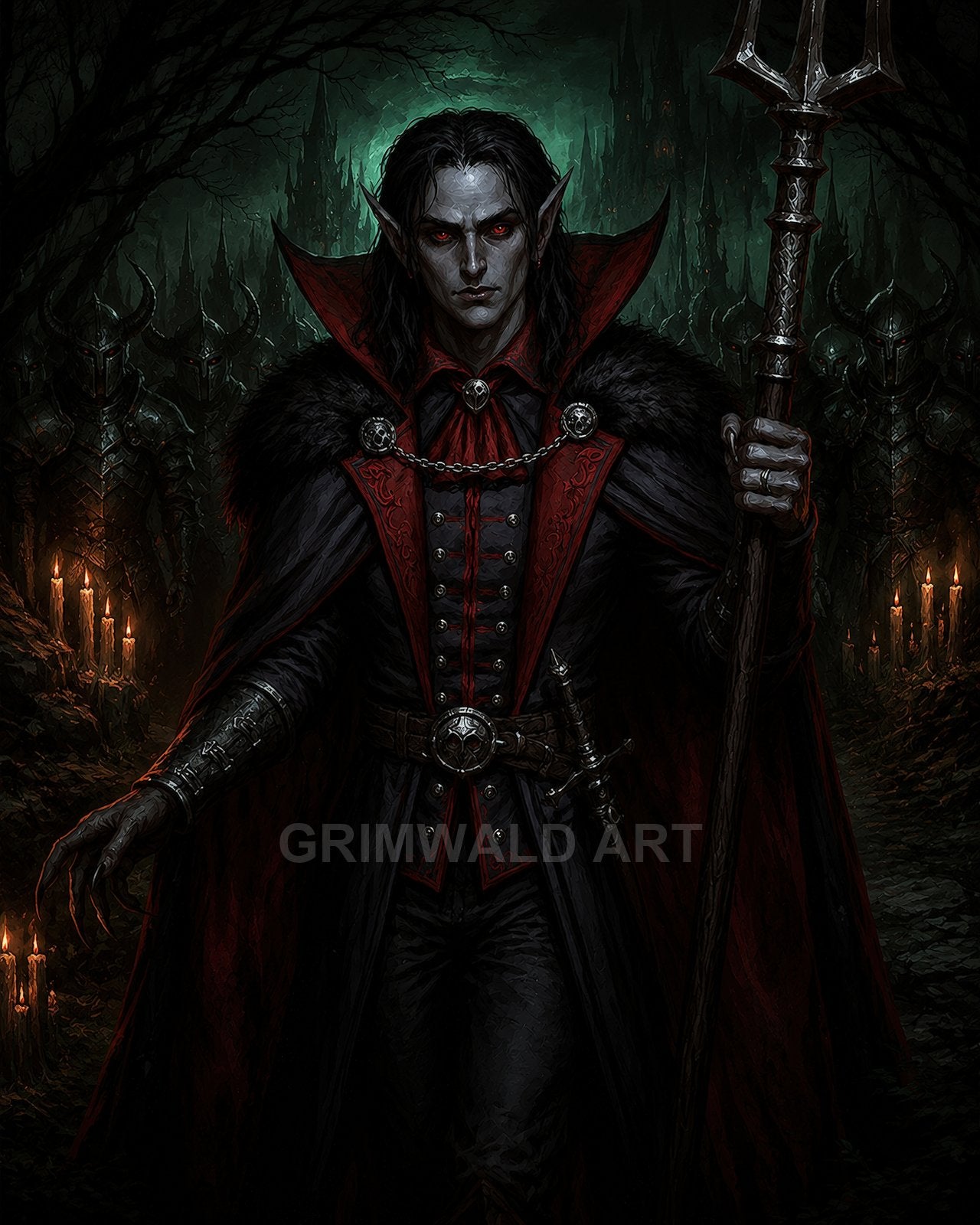 Pale male vampire noble with crimson cloak and staff stands on a candlelit forest path before a looming castle and armoured guards.