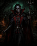 GRID THUMBNAIL — Pale male vampire noble with crimson cloak and staff stands on a candlelit forest path before a looming castle and armoured guards.