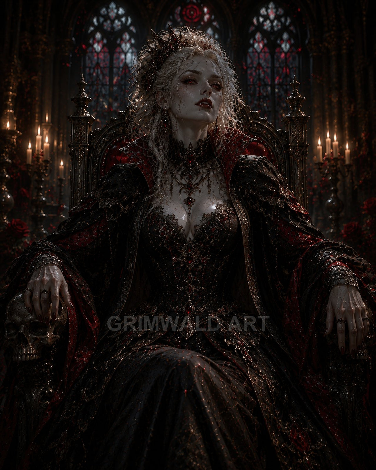 Pale vampire queen in ornate black gown sits on a gothic throne, candles and stained-glass in a cathedral backdrop, her hand resting on a skull.