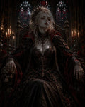 GRID THUMBNAIL — Pale vampire queen in ornate black gown sits on a gothic throne, candles and stained-glass in a cathedral backdrop, her hand resting on a skull.