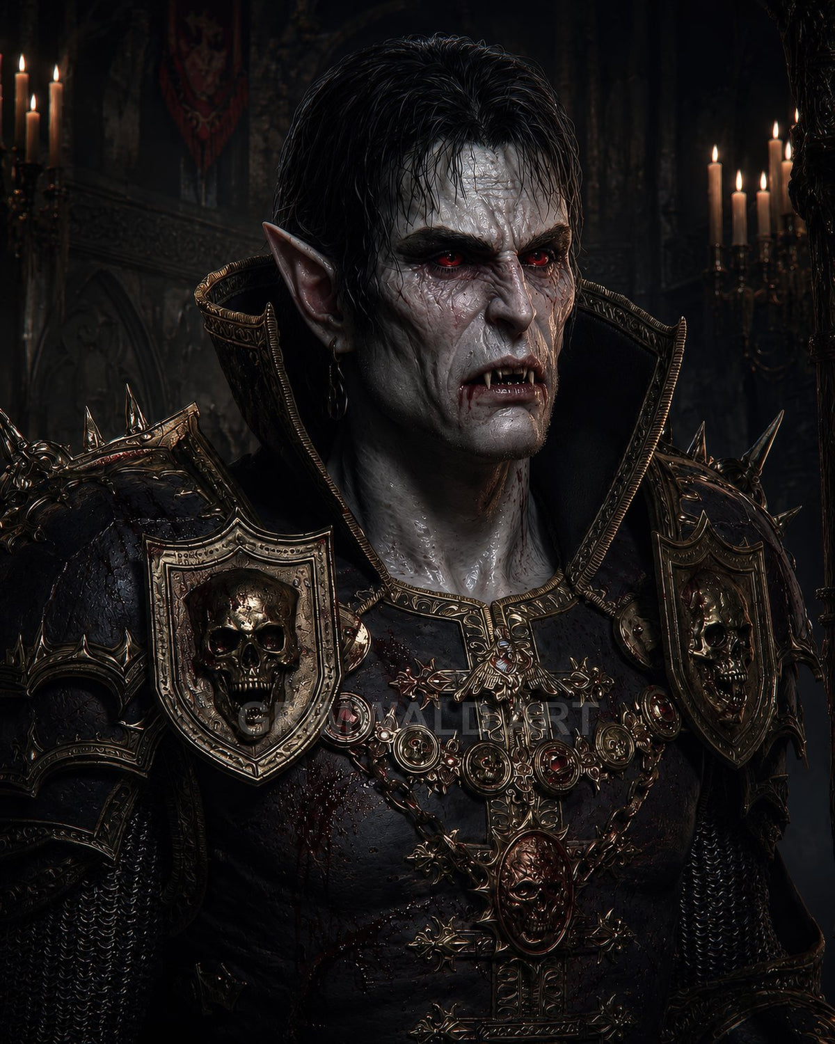 Armoured vampire with red eyes and fangs, wearing gilded skull-adorned plate in a candlelit castle interior, blood staining the ornate regalia.