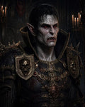 GRID THUMBNAIL — Armoured vampire with red eyes and fangs, wearing gilded skull-adorned plate in a candlelit castle interior, blood staining the ornate regalia.