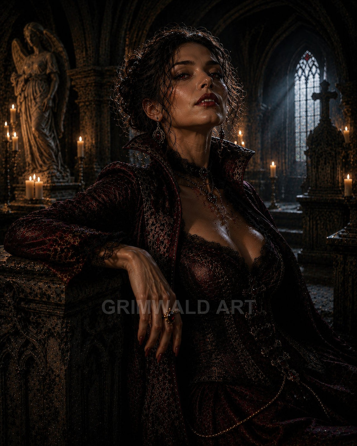 A regal vampire woman in an ornate crimson gown reclines in a candlelit gothic cathedral with statues and stained glass behind her.