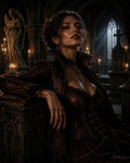 GRID THUMBNAIL — A regal vampire woman in an ornate crimson gown reclines in a candlelit gothic cathedral with statues and stained glass behind her.
