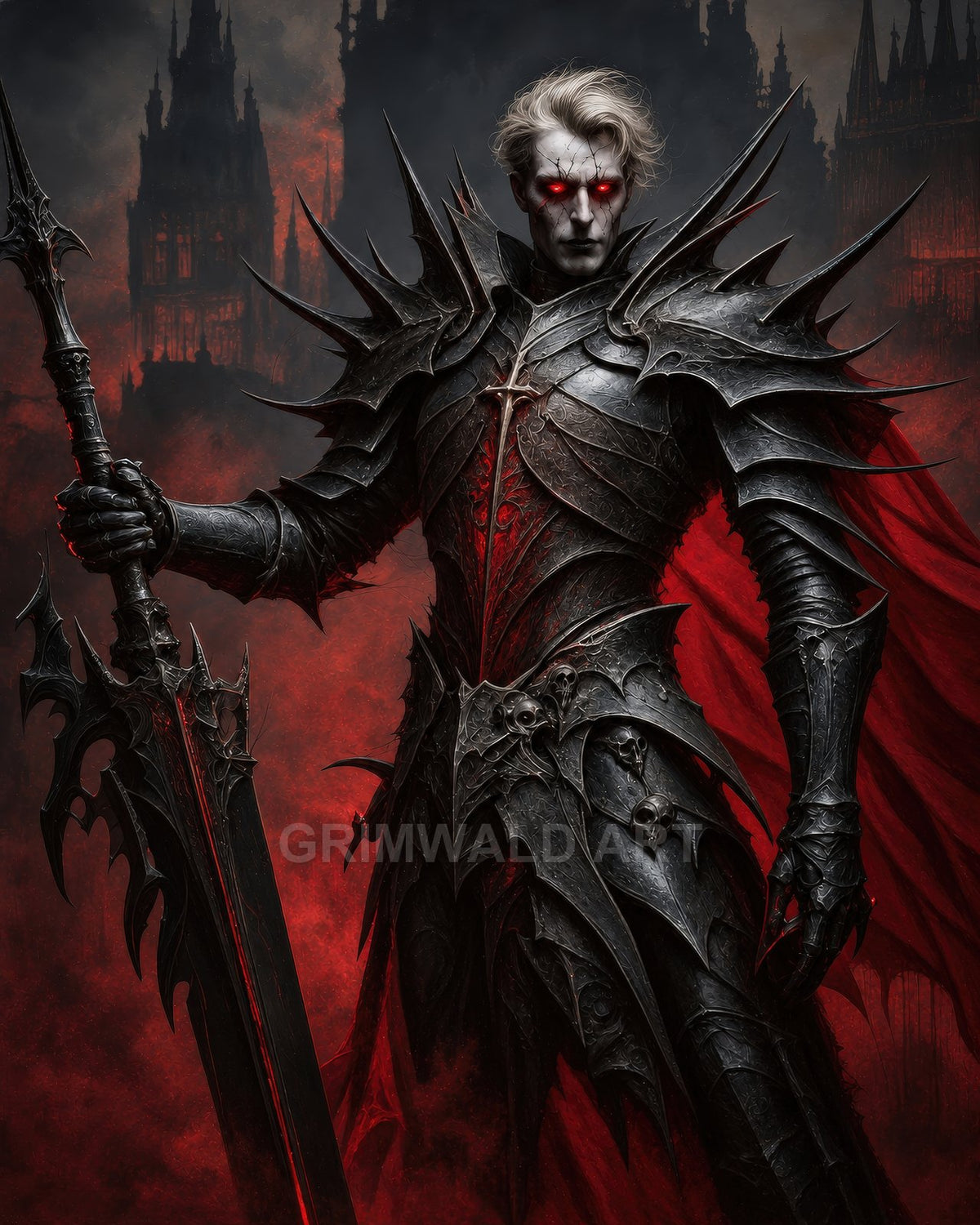 Vampiric death knight in barbed black armour with glowing red eyes and crimson cloak, wielding a massive greatsword before smoky gothic spires and firelit sky.