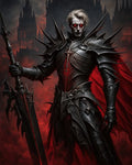 GRID THUMBNAIL — Vampiric death knight in barbed black armour with glowing red eyes and crimson cloak, wielding a massive greatsword before smoky gothic spires and firelit sky.