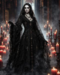 GRID THUMBNAIL — Veiled gothic witch in a black lace gown stands amid red candles and smoke inside a shadowy cathedral, candlelit and atmospheric, with ritual face paint.